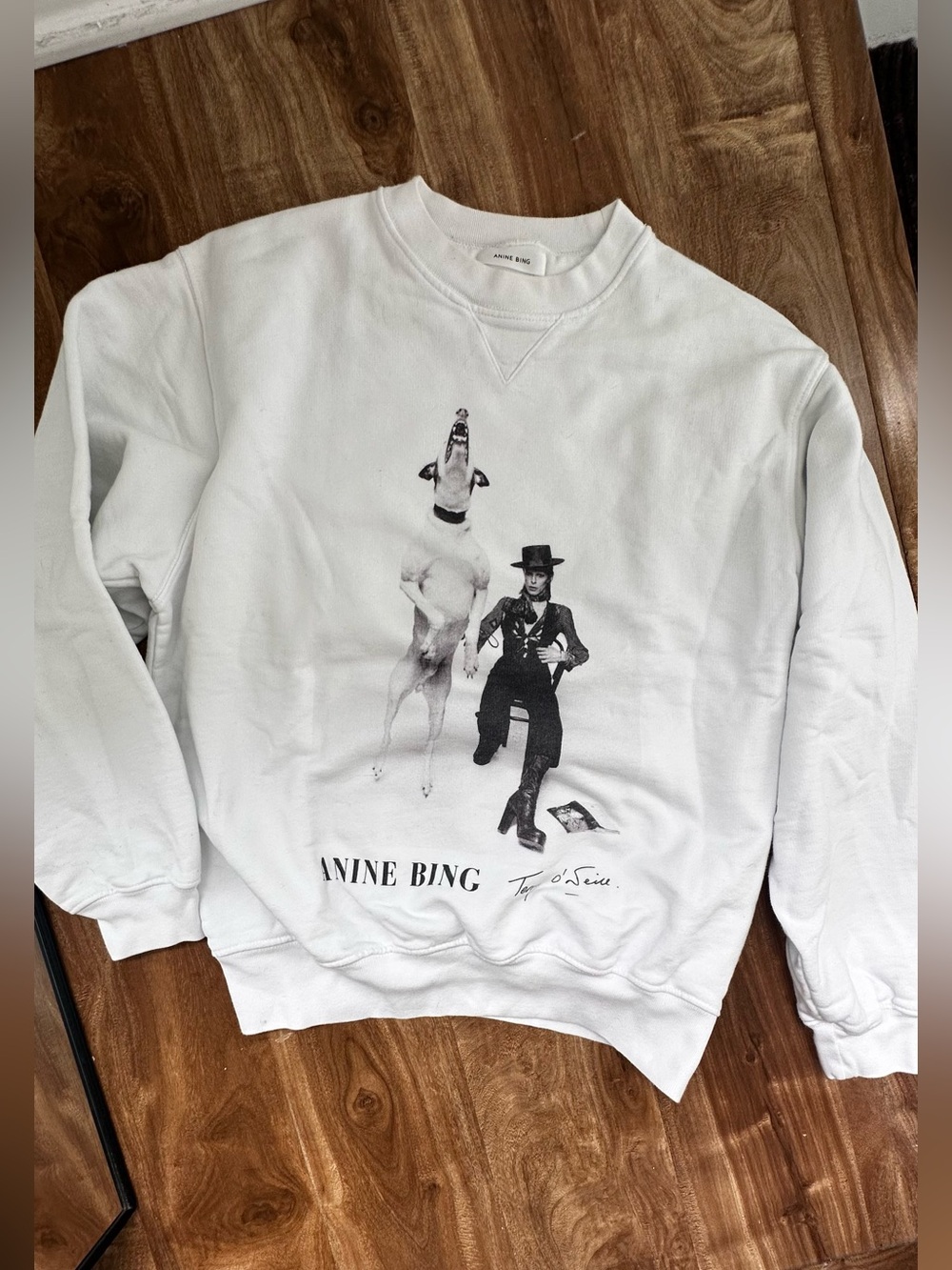 Anine Bing White Graphic Crewneck Sweatshirt with Black Print